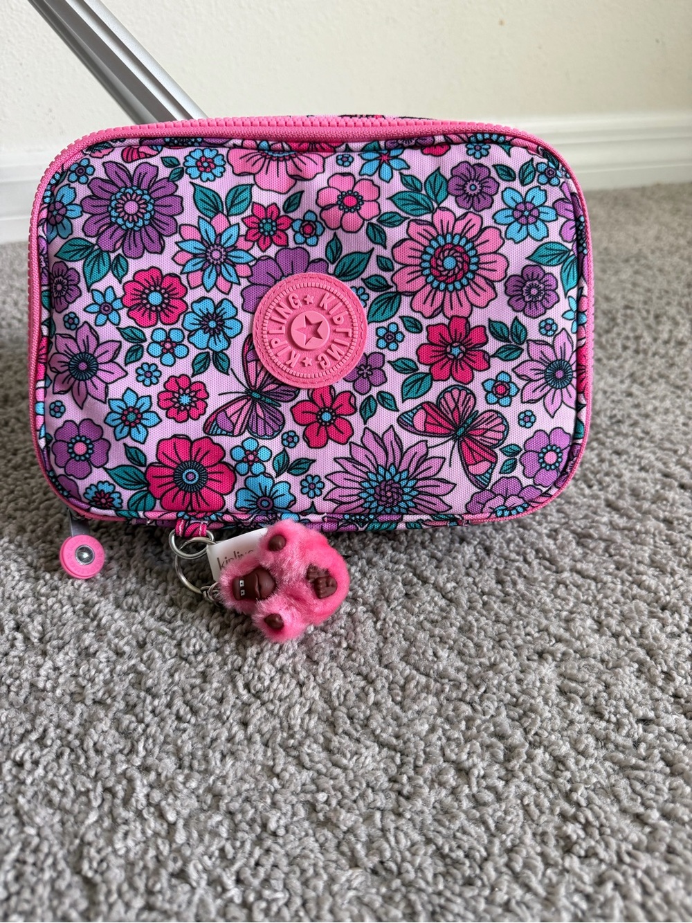 Kipling Pink Floral Kids Pouch with Pom Charm